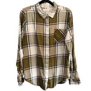 Lucky Brand Green & White Plaid Button-Up Shirt M Classic Fit Soft Flannel